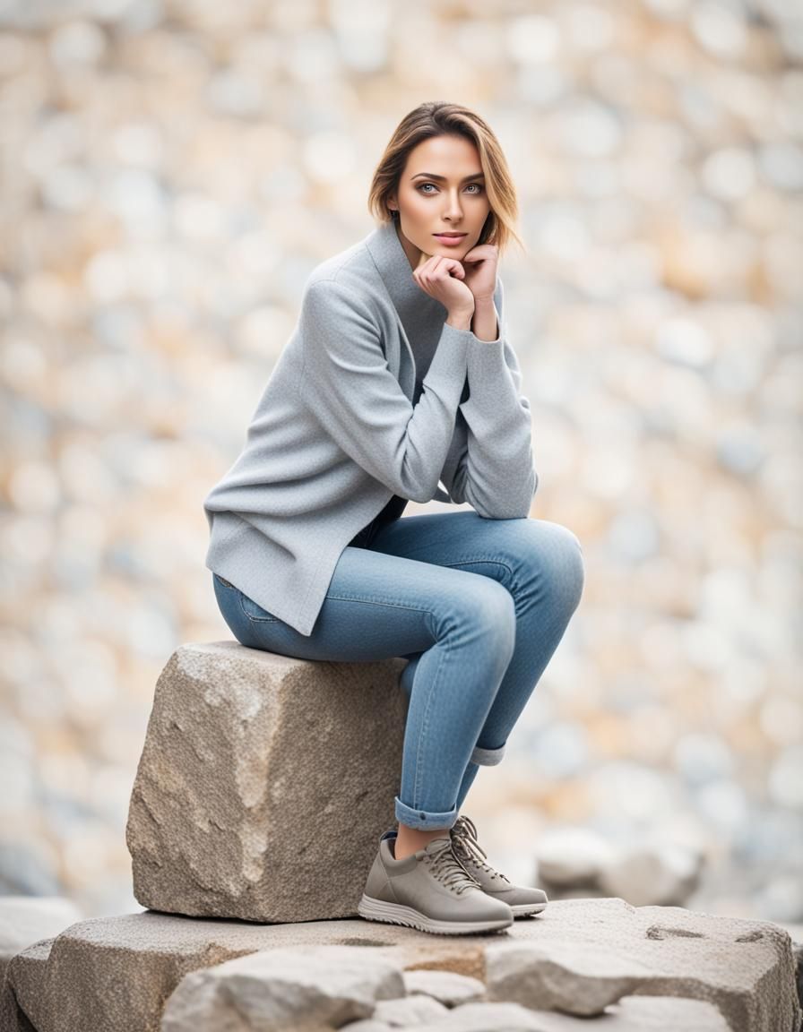 beautiful young woman, sits on a stone