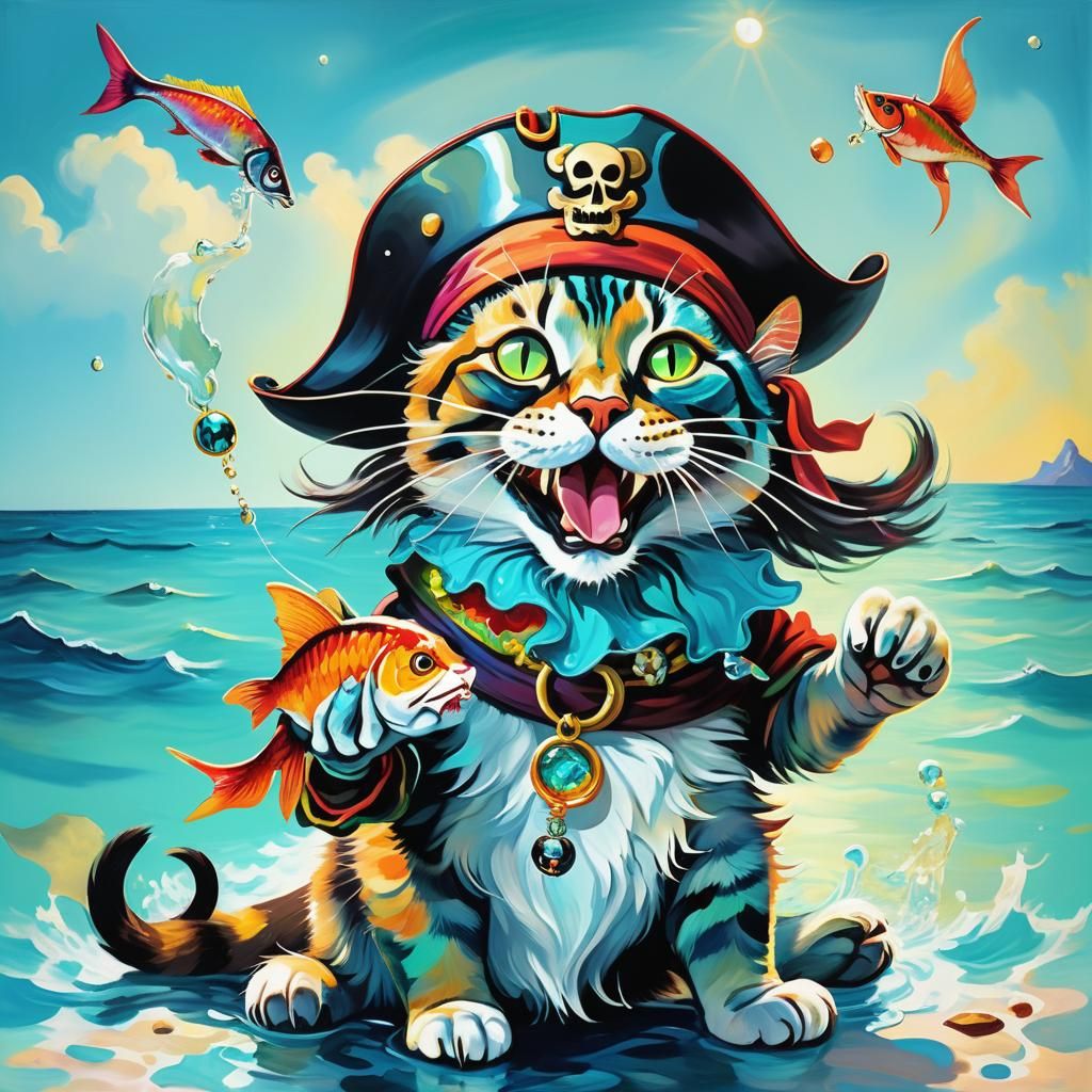 Pirate Cat Stealing Fish, Fauvist Whimsical Art