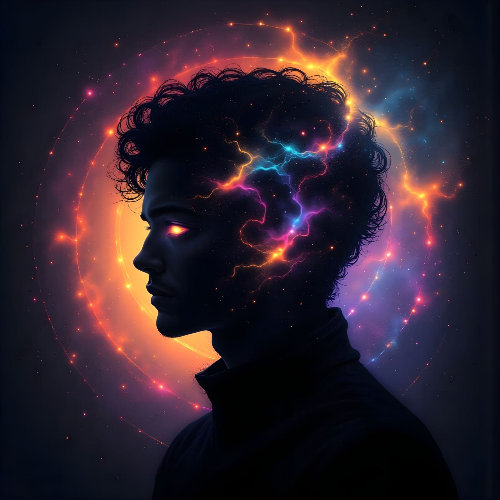 <lora:StarryEyes:1.0> A surreal portrait of a dreamlike male silhouette contrasted with hypnotic, glowing, colorful luminescent details