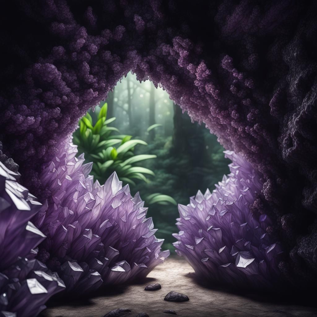 Amethyst cryatal cave opening up to a jungle  by @Calgar_the_Great