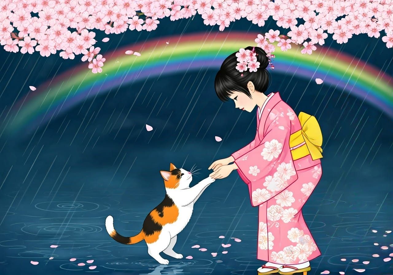 Spring rain, a child teaches a cat to dance, Ukiyo-e Japanese calico_cat dancing with young child under the cherry blossoms as gentle rain f...