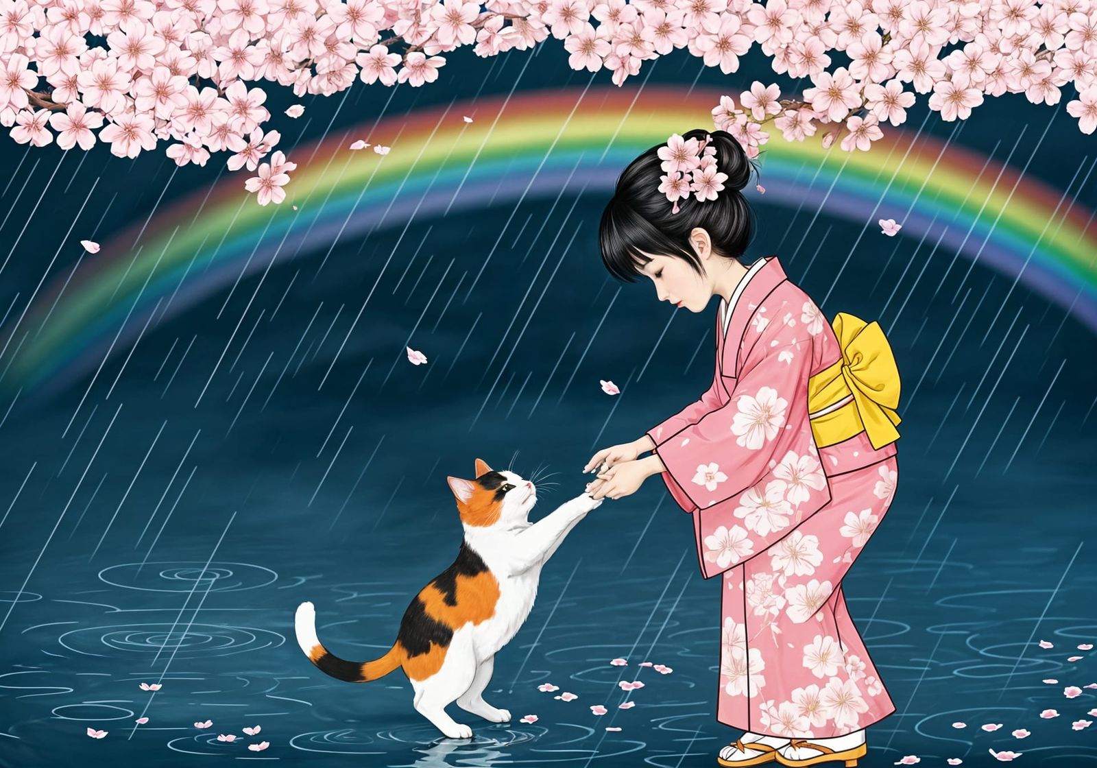 Spring rain, a child teaches a cat to dance, Ukiyo-e Japanes...