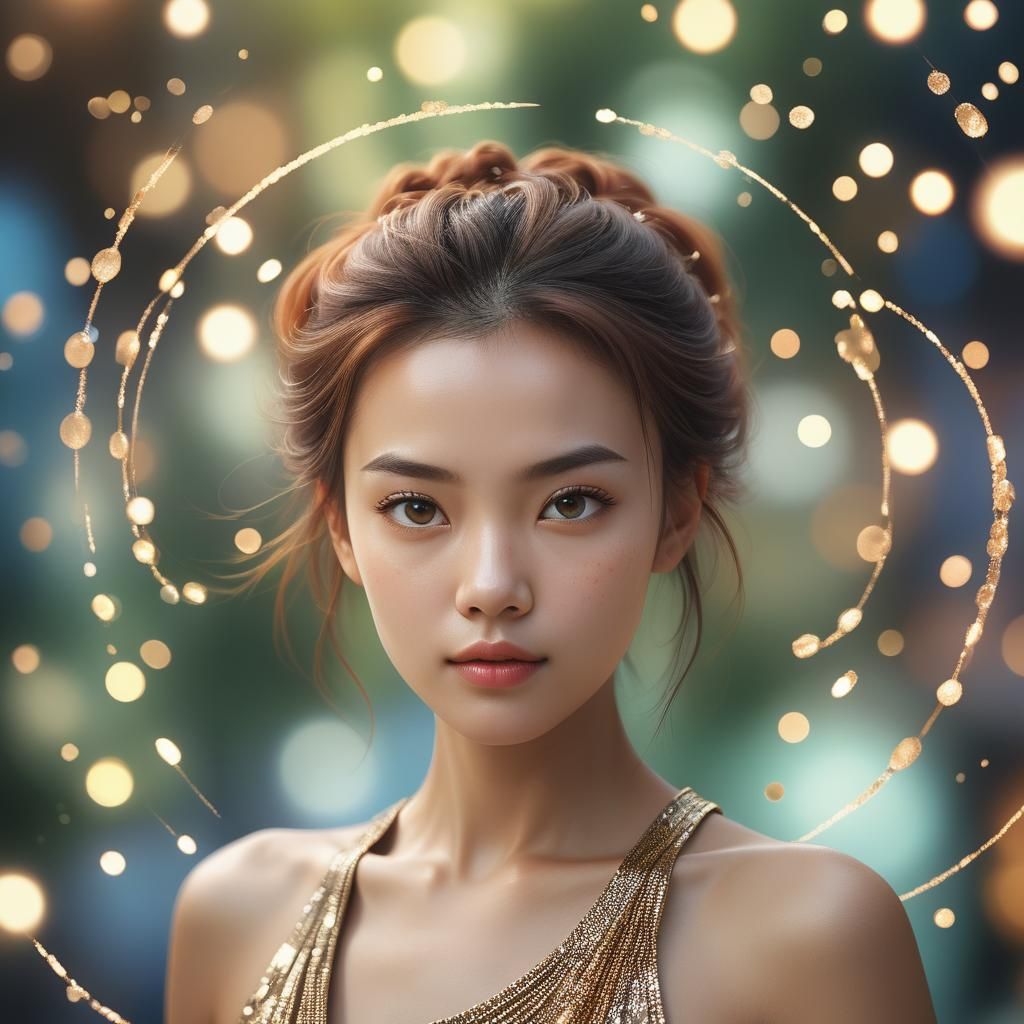 Hyper realistic beautiful woman, she is 5th element , surrou...