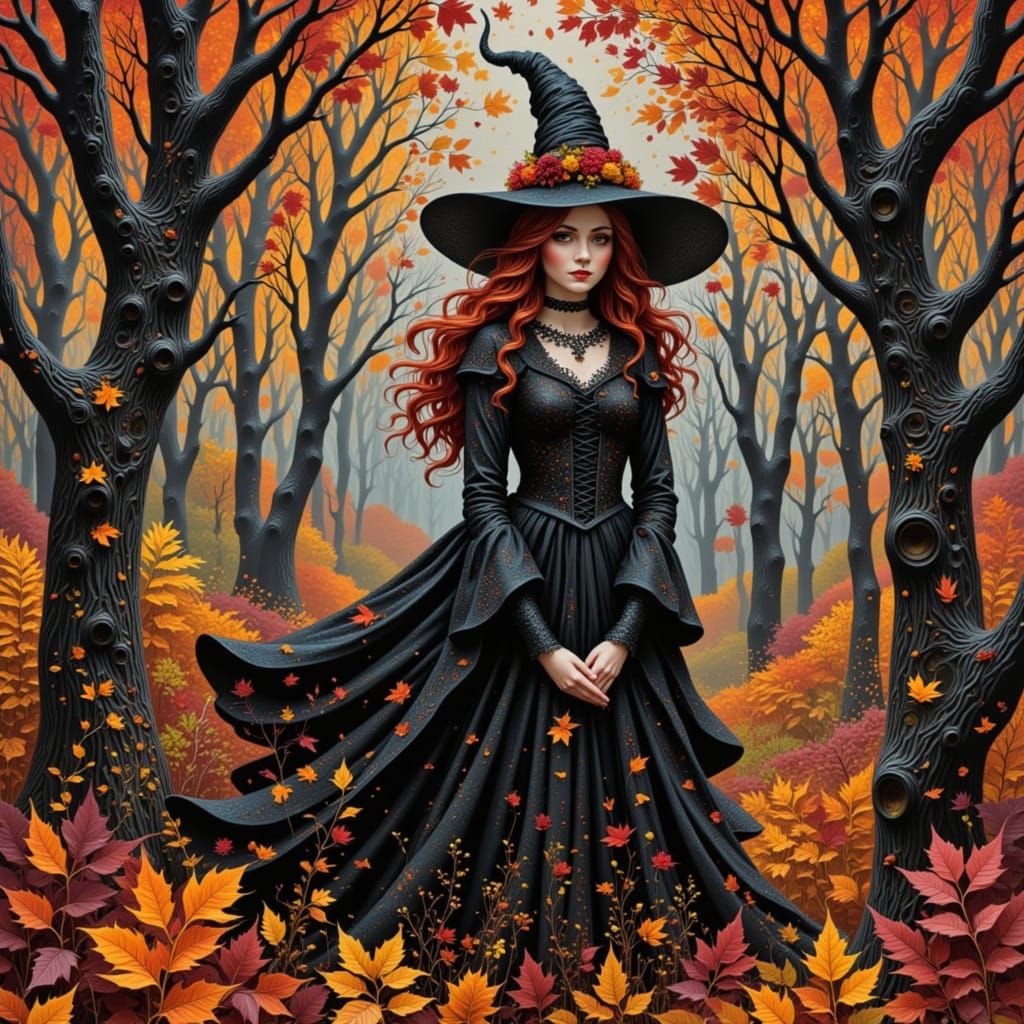 <lora:Autumn -O- Ween:1.0> Halloween witch n autumn environment environment