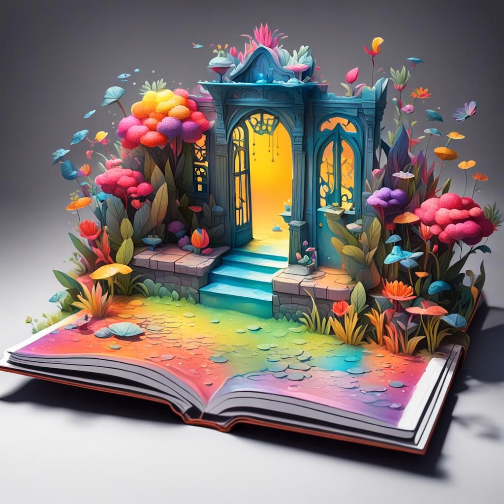 A 3d (pop-up book), with a 3d fantasy garden pop-up  by @April