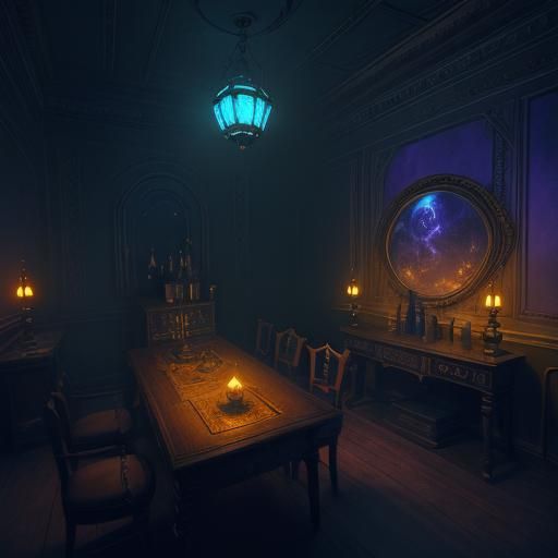 seance room, floating orbs, magical lamps, eerie glow