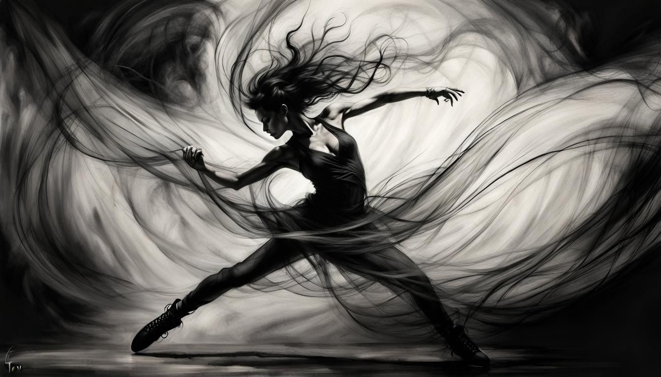 Fluid Dancer: Charcoal Drawing in Dark Fantasy Style