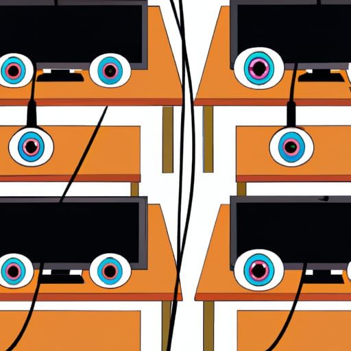 classroom with wires and tvs and people with big eyes starin...