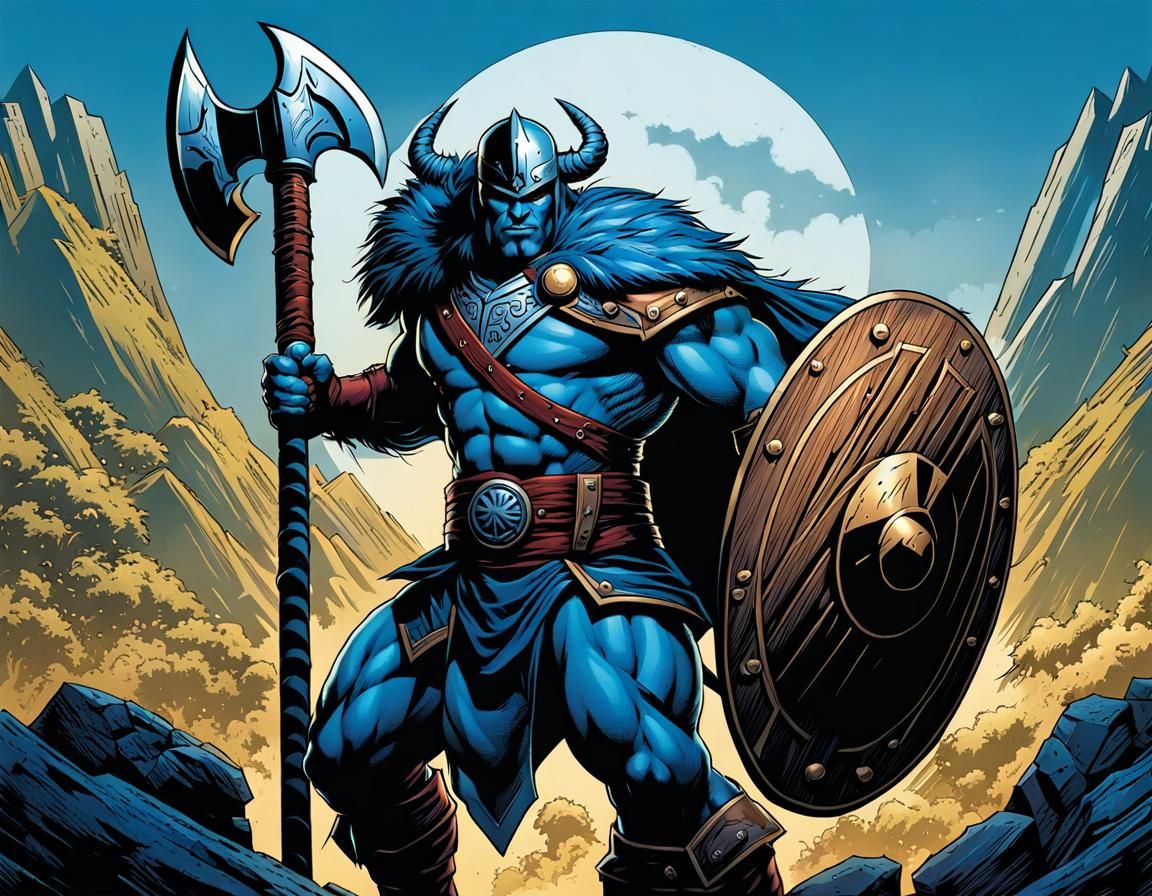 blue skin warrior with axe and wooden shield Mark Brooks and...
