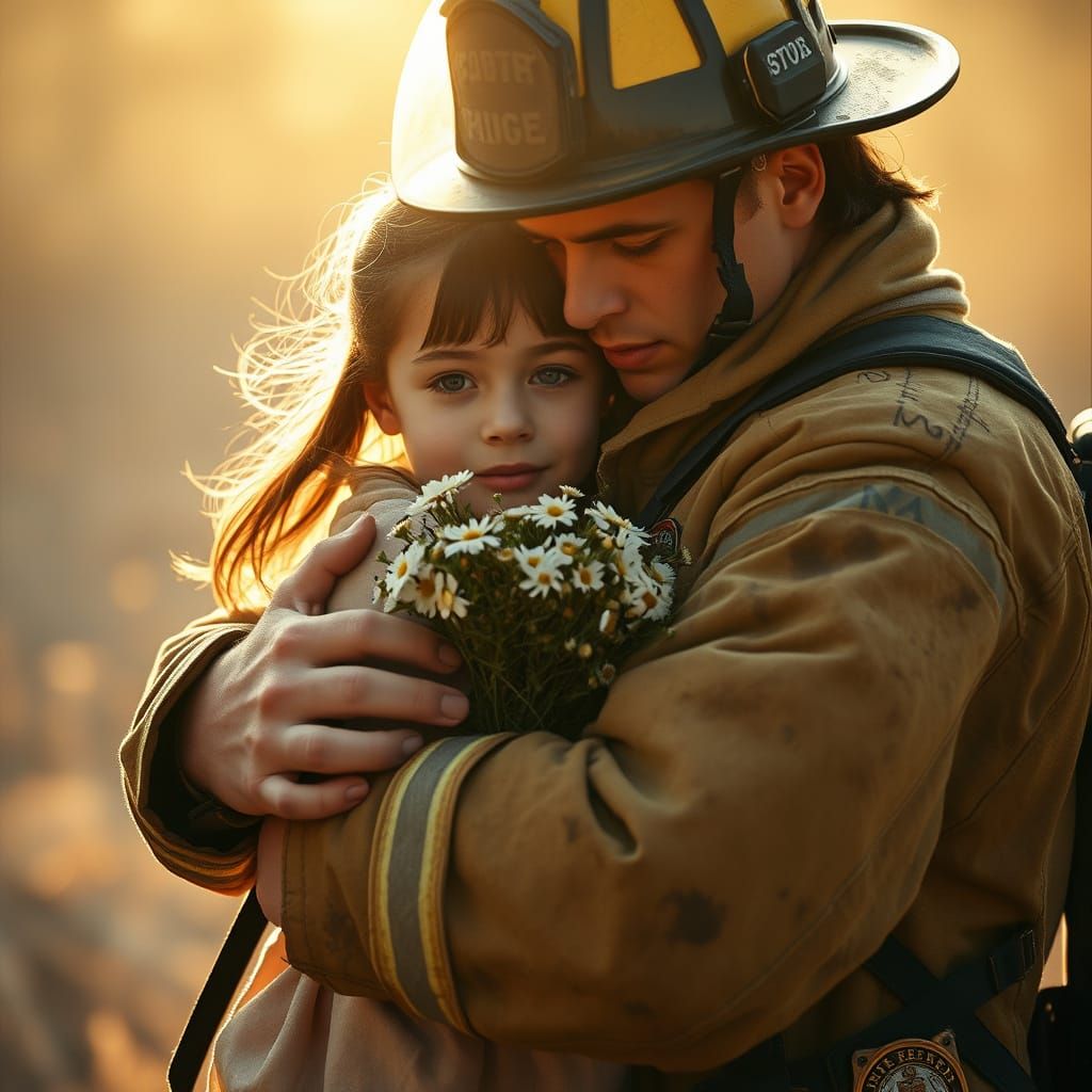 Heroic Firefighter Embracing Hope in Golden Light