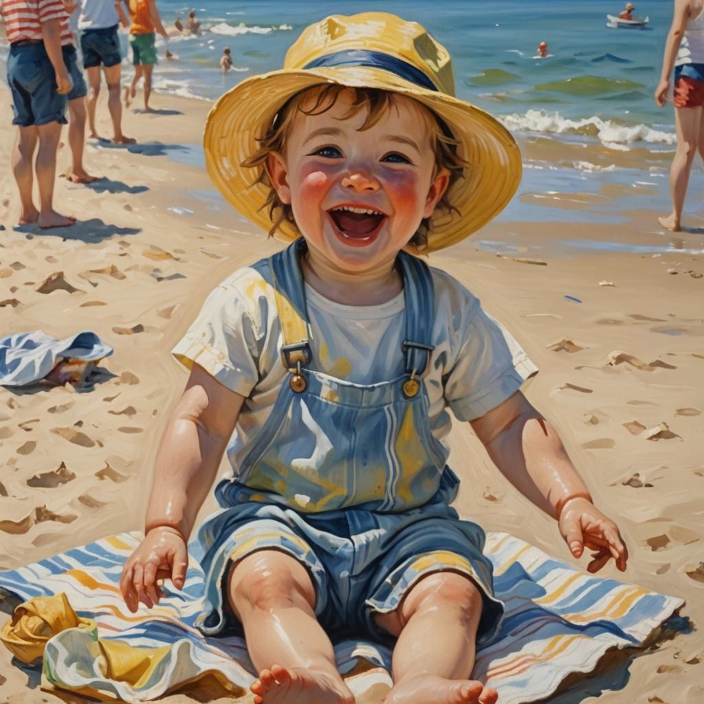 Baby Laughing on Beach in Impressionist Style