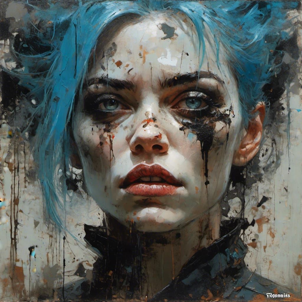 Blue-Haired Vampire Woman in Macabre Sci-Fi Art