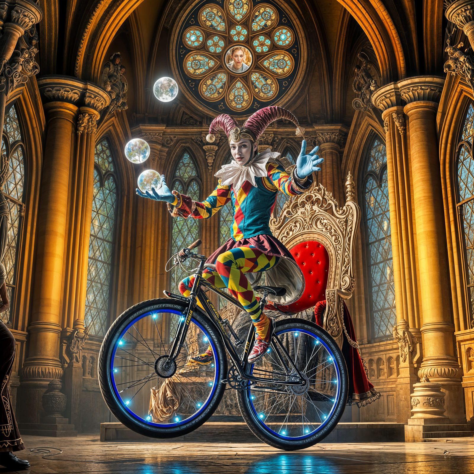 Un bouffon coloré, qui jongle sur un monowheel, devant le roi, dans un château, hyper réaliste   by @03lu03