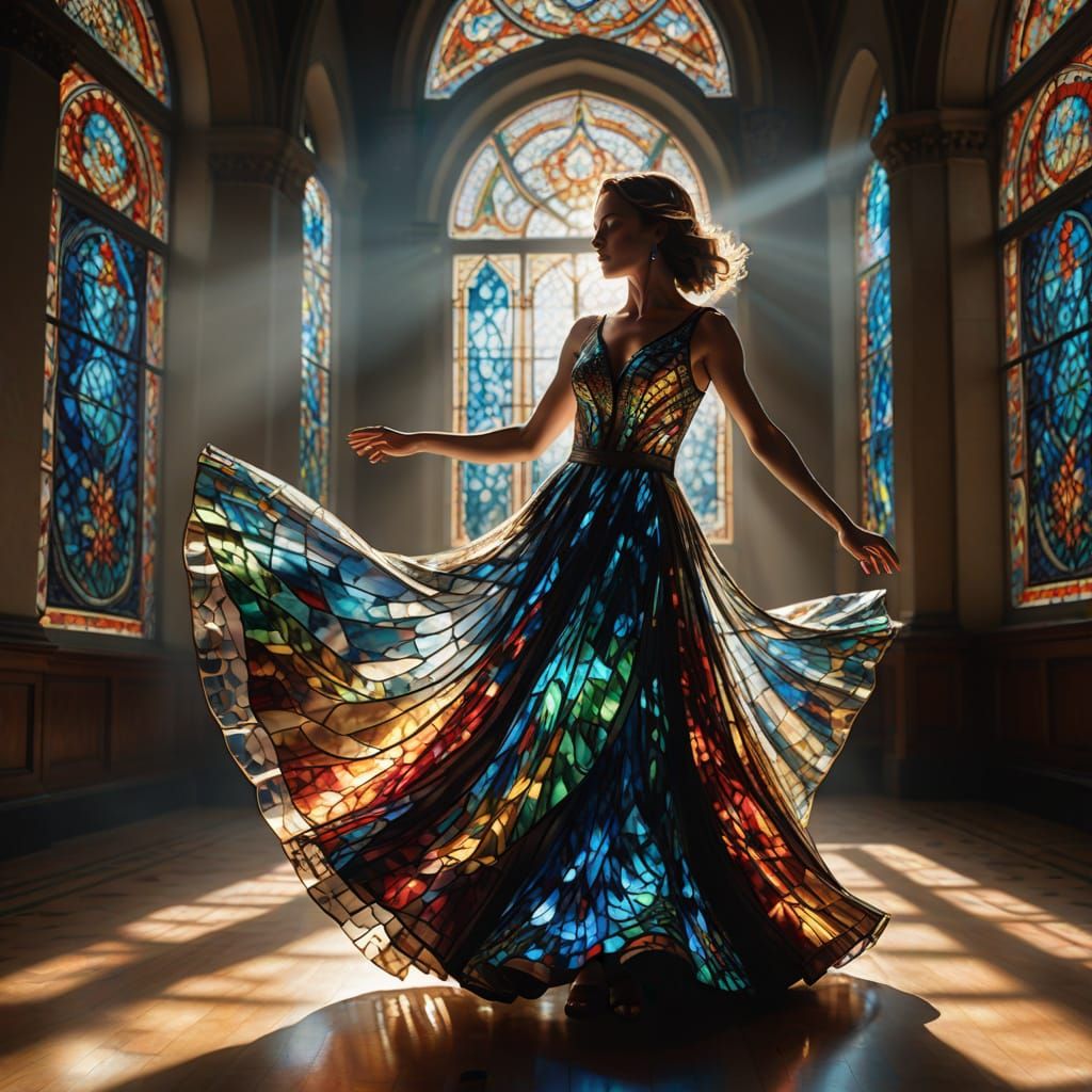 a woman dancing with a stained glass wave dress  by @D-Forge