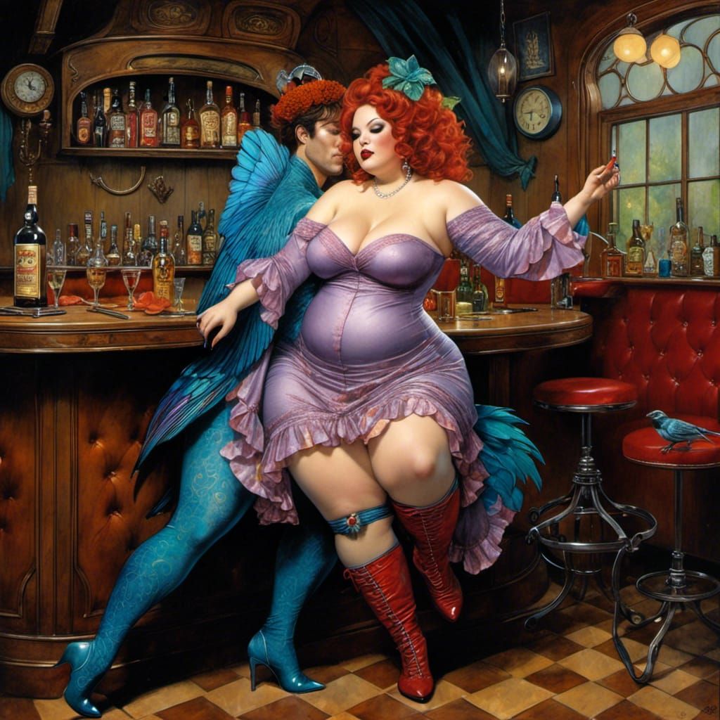 1970s and 80s comical style, Whimsical Fantasy, thick soft curvy overweight Fairy bar,dancing, alcohol ink tatoos, Vibrant saturated colors,...