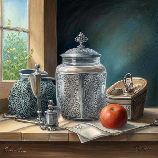 still life glass jar pewter