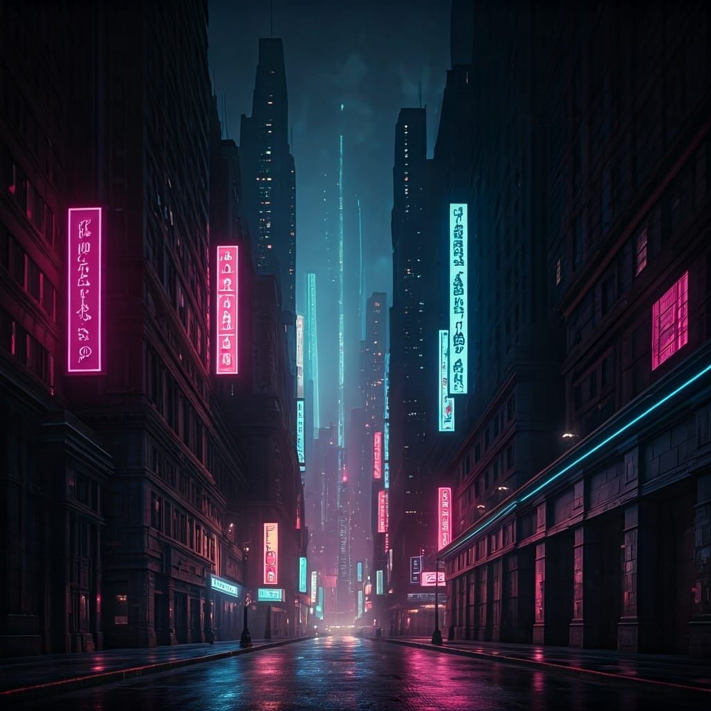 Cyberpunk Cityscape at Night with Neon Lights