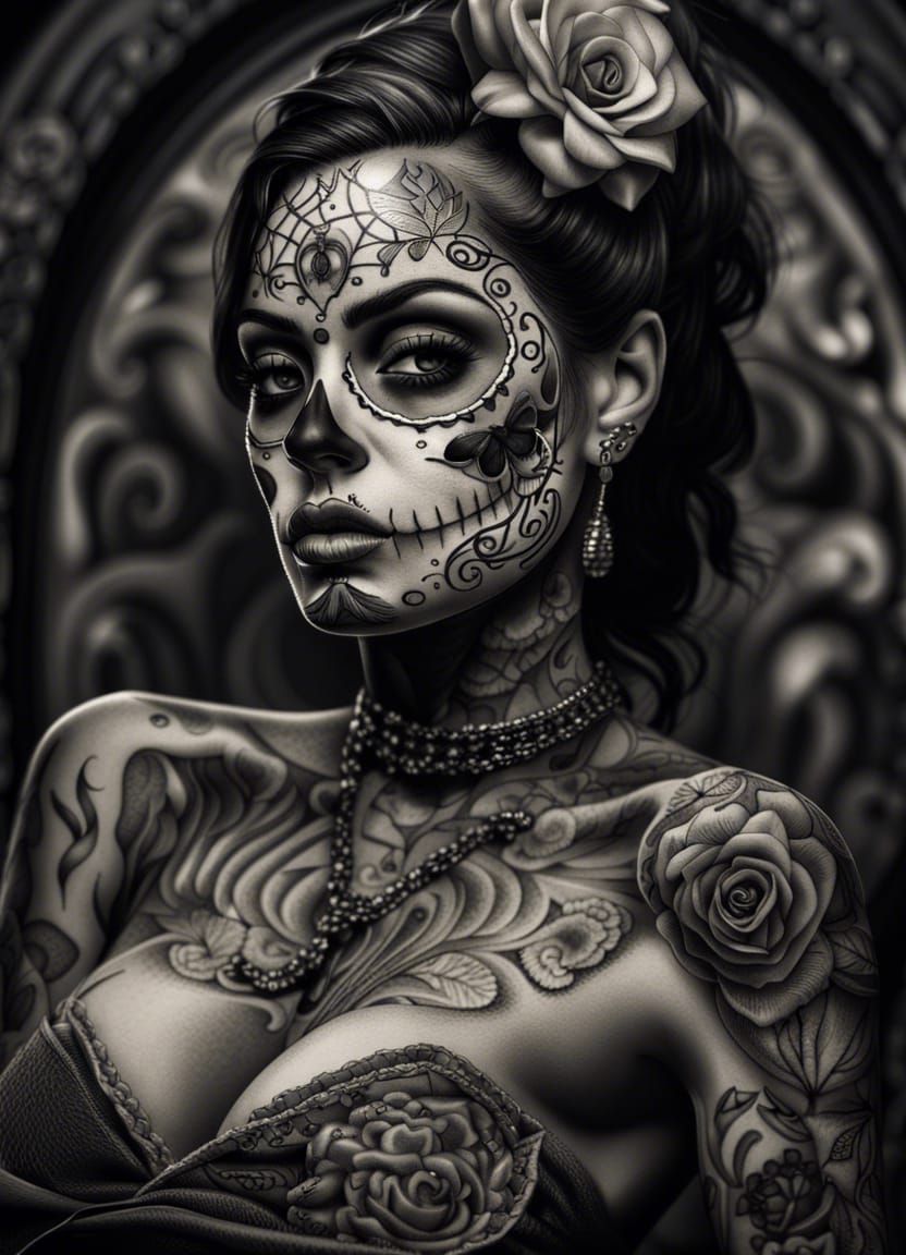 Black and white ink drawn stunning tattooed day of the dead ...