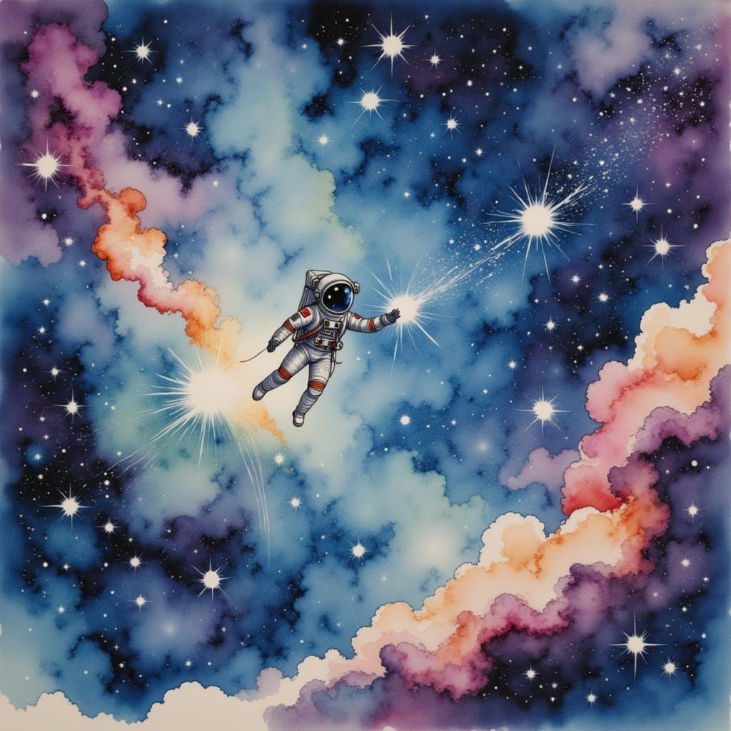 An astronaut floating serenely amidst a vibrant, swirling nebula, reaching out towards a cluster of impossibly bright stars. The scene is re...