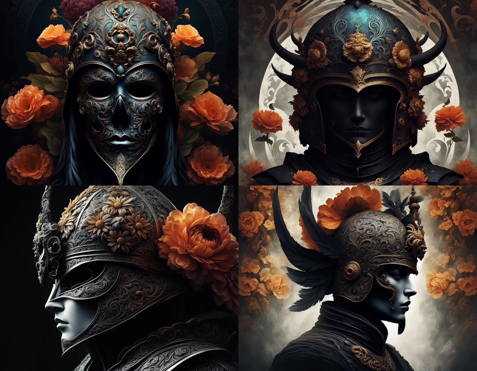 Ornate helmet Hades wistful, dreamlike composition, striking and unique, dark detail, digital painting, super textured h...