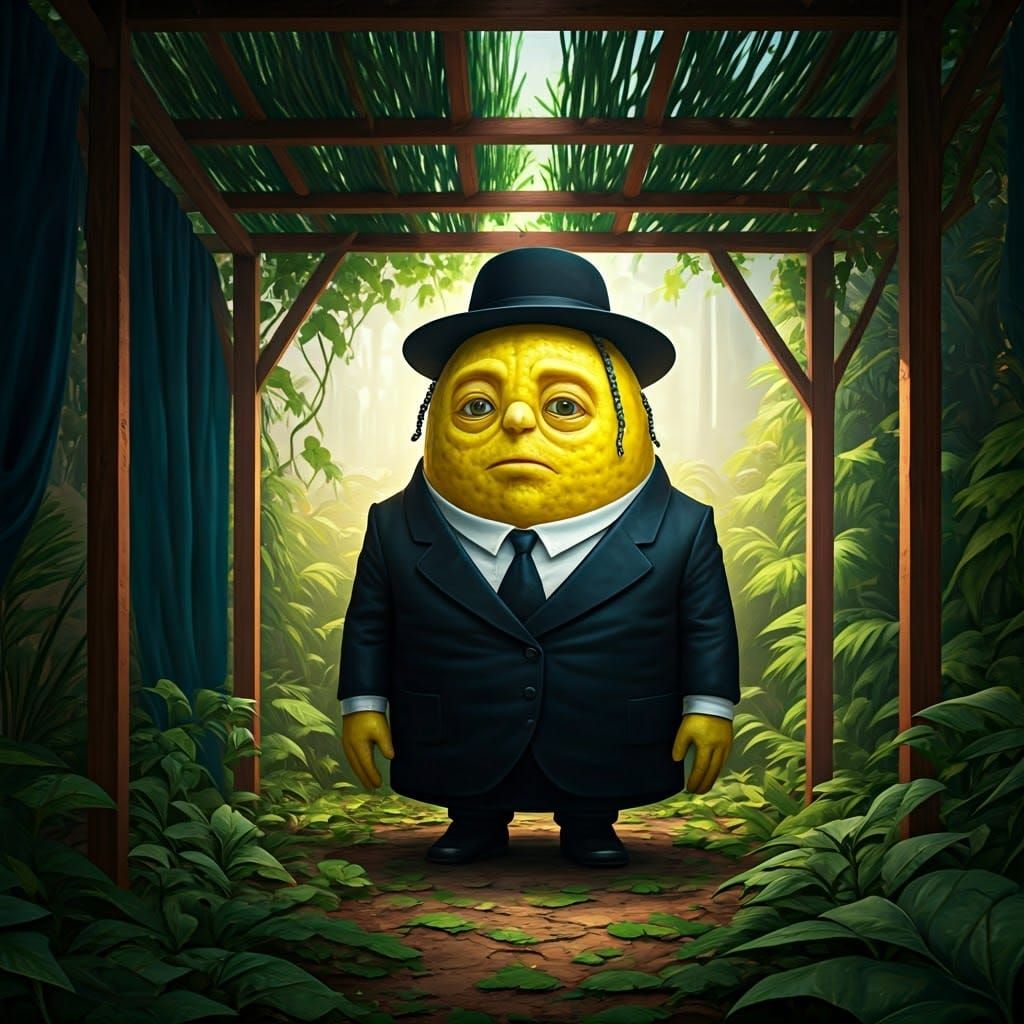 Citron Person in Sukkah: Surreal Digital Art