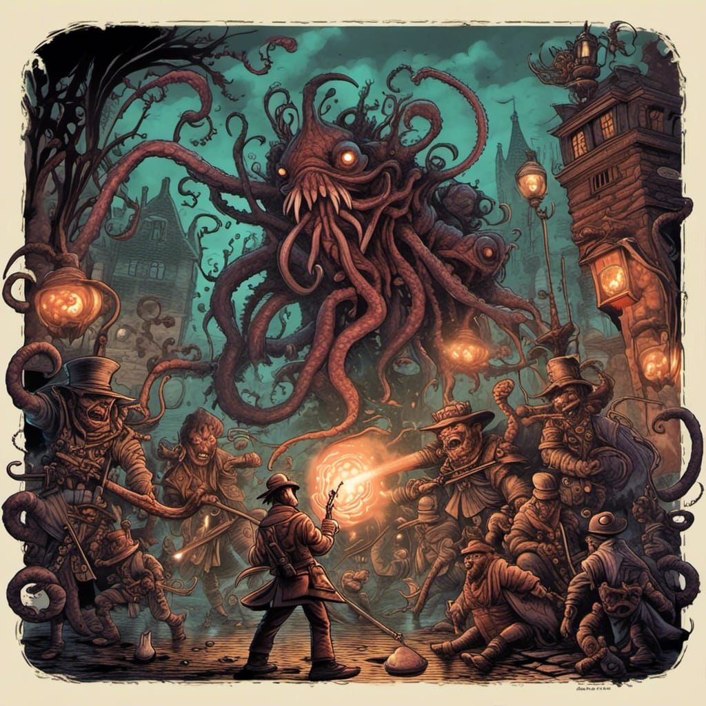 Steampunk Rebels battling Terrifying Lovecraftian Creatures - AI ...