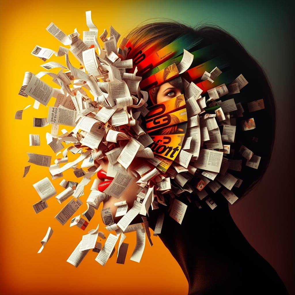 Surreal Face Raining Magazine Clippings in Vibrant Colors