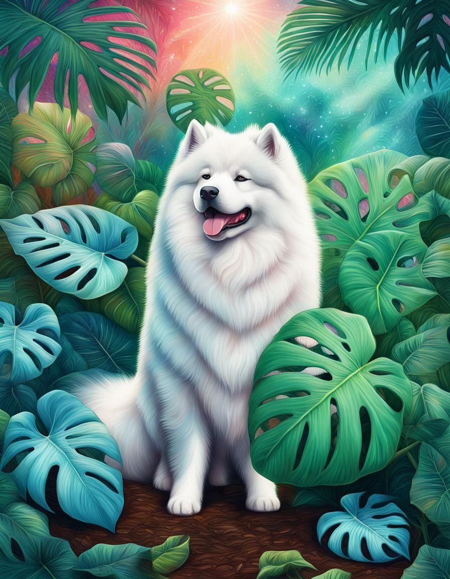 Samoyed Dog and Monstera in Astral Garden