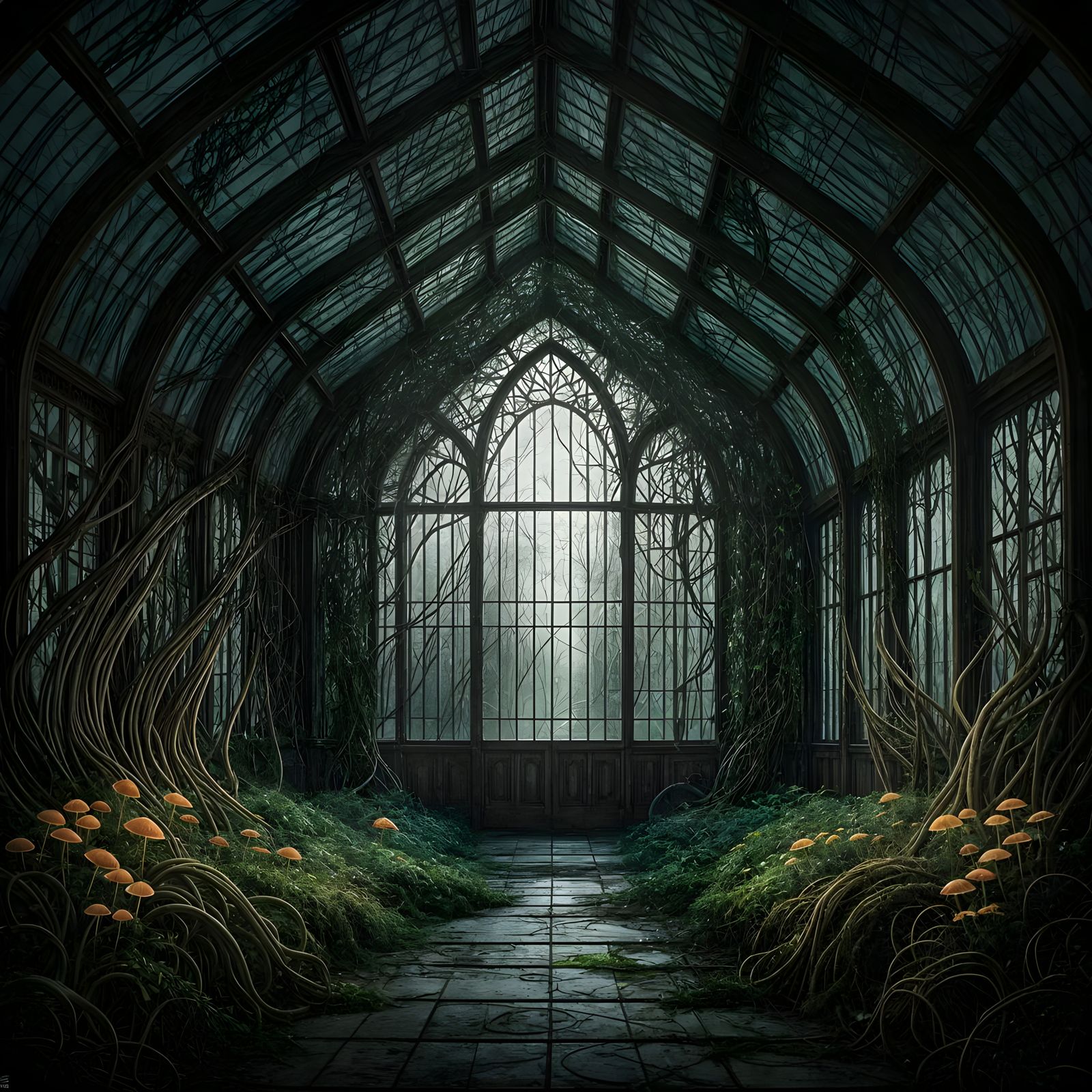 Eerie Overgrown Greenhouse in Dark Fantasy Style