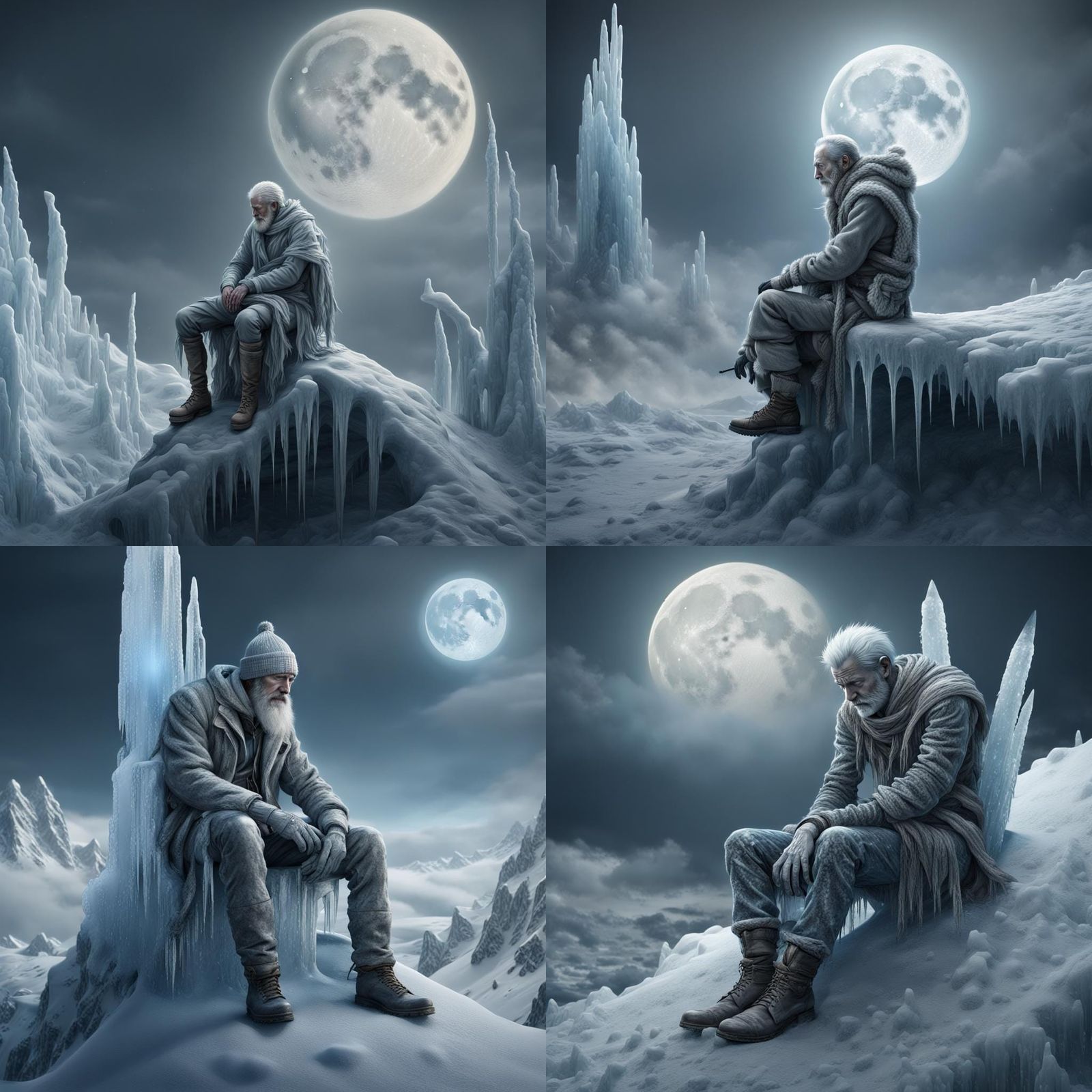 tired soul of a icicle man sitting on the blue grey moon