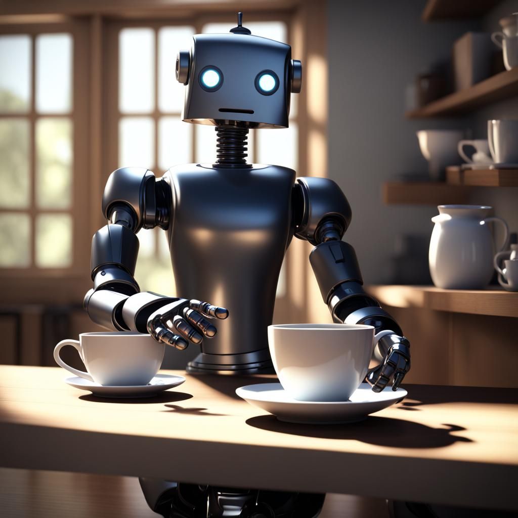 An old robot get comfy with a cup od coffe no background