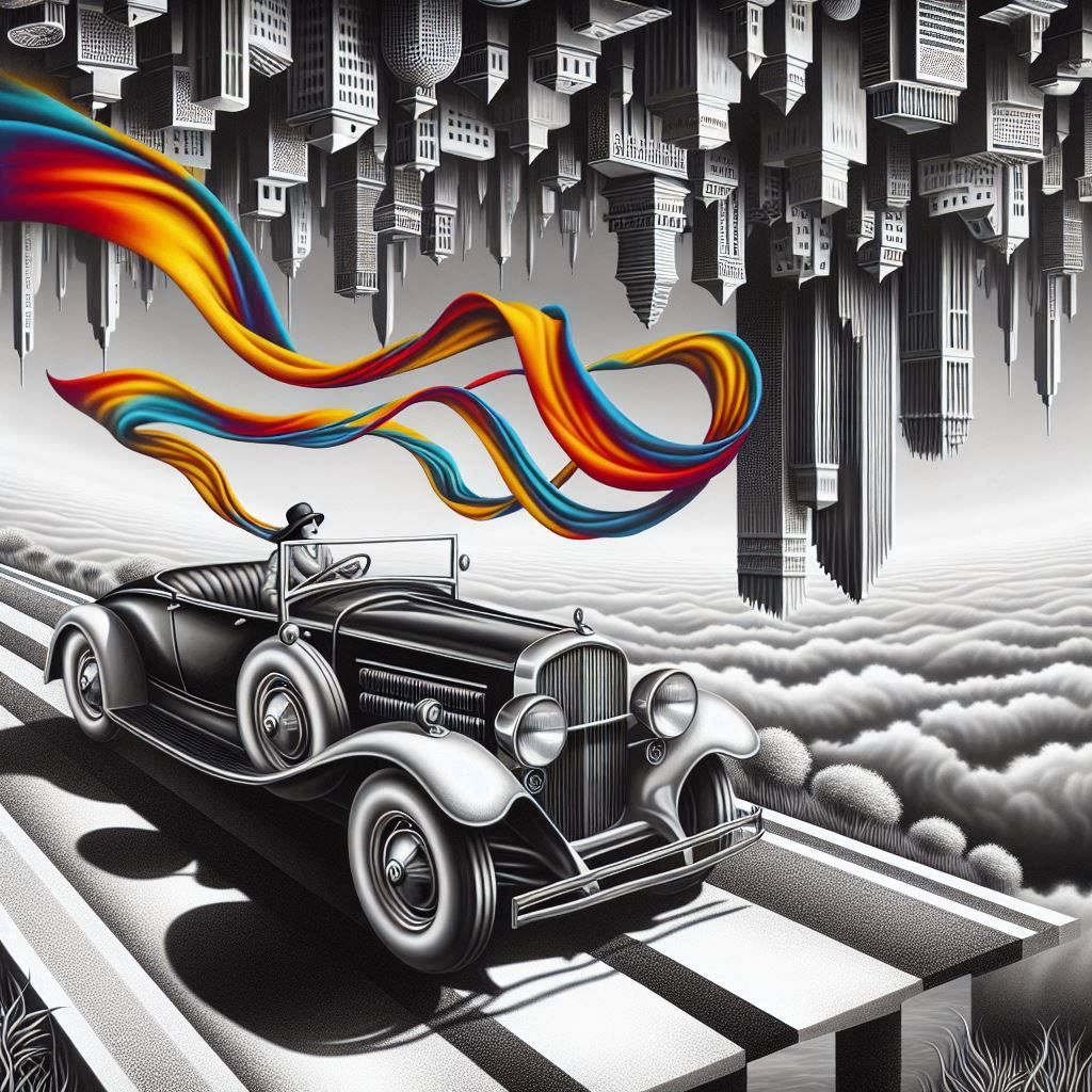 abstract landscape in black and white and primary colours wi...