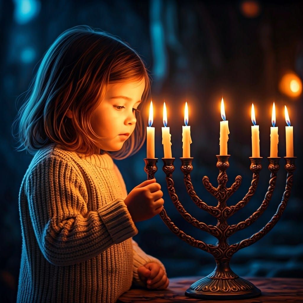 Young Girl Lights Hanukkah Candles in an Ornate Menorah