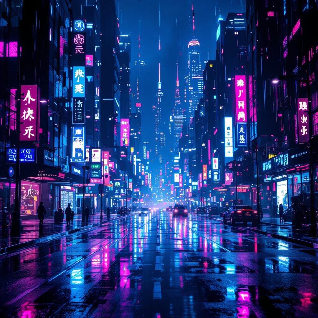 Neon Cityscape at Night in Electric Blue and Purple