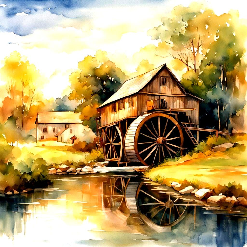 A water wheel is converting the kinetic energy of flowing or...