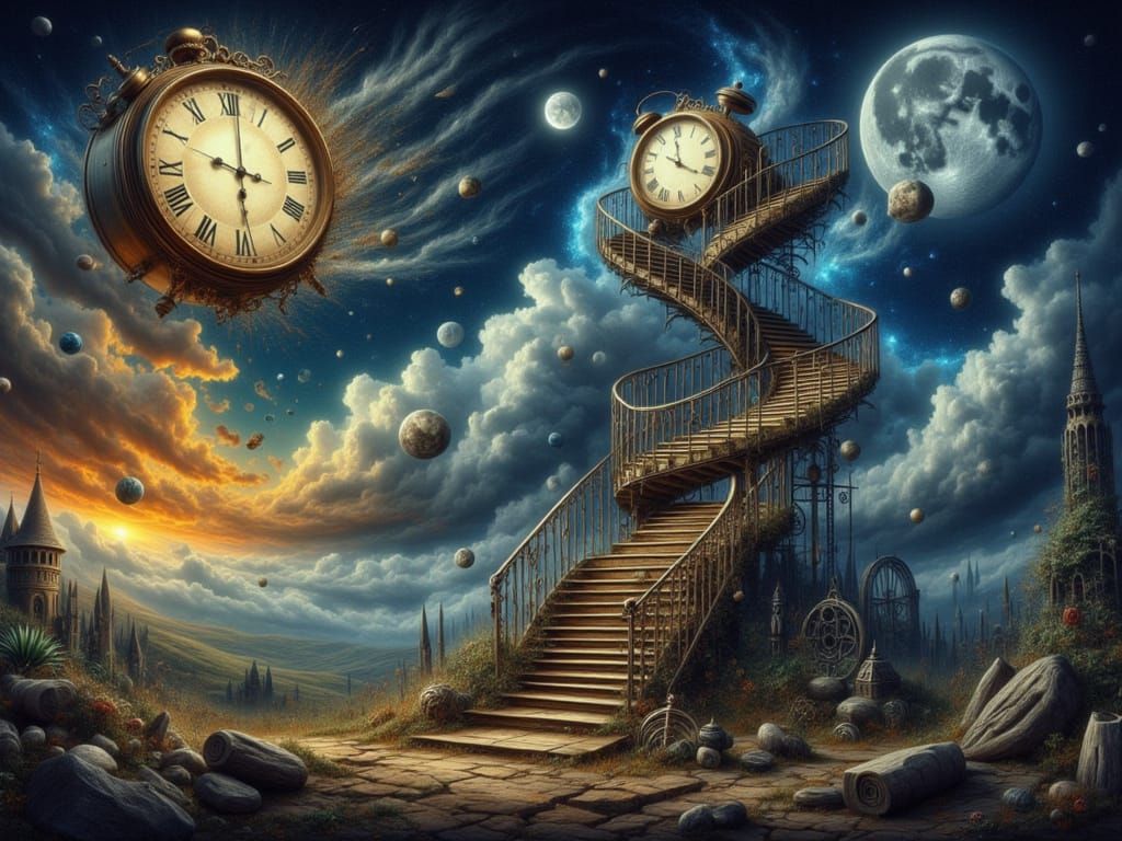 <lora:FiosTimeWarp:1.0> tick tock tick tock.....the thoughts in my mind, time travel, surrealism, fantasy elements, The moon, spiral stairs...