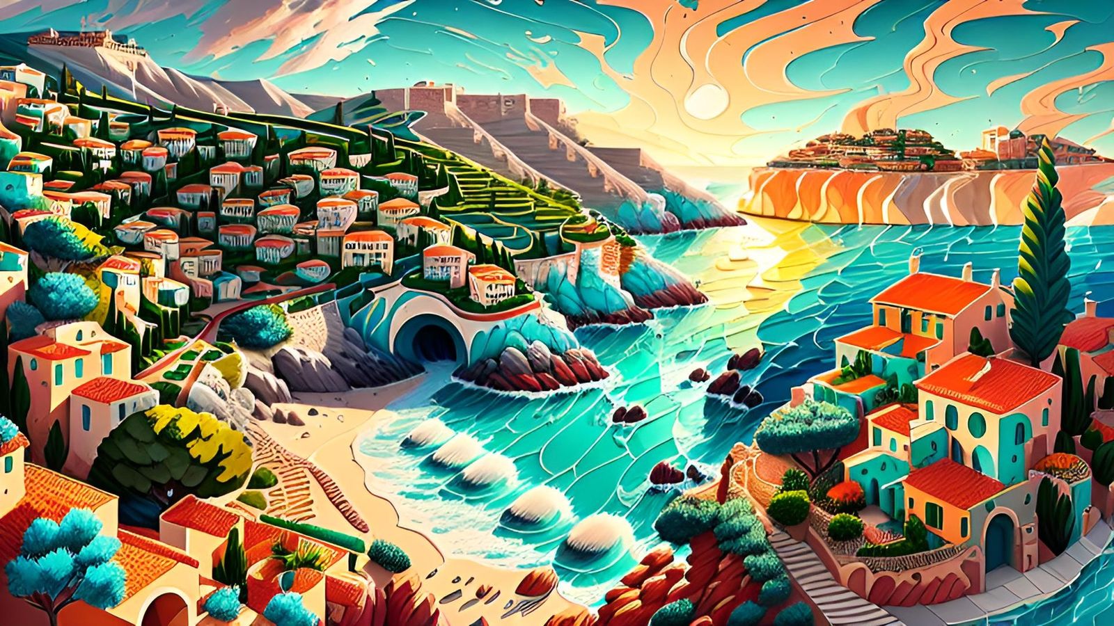 Coastal Mediterranean village, vibrant, colorful, stylized l...