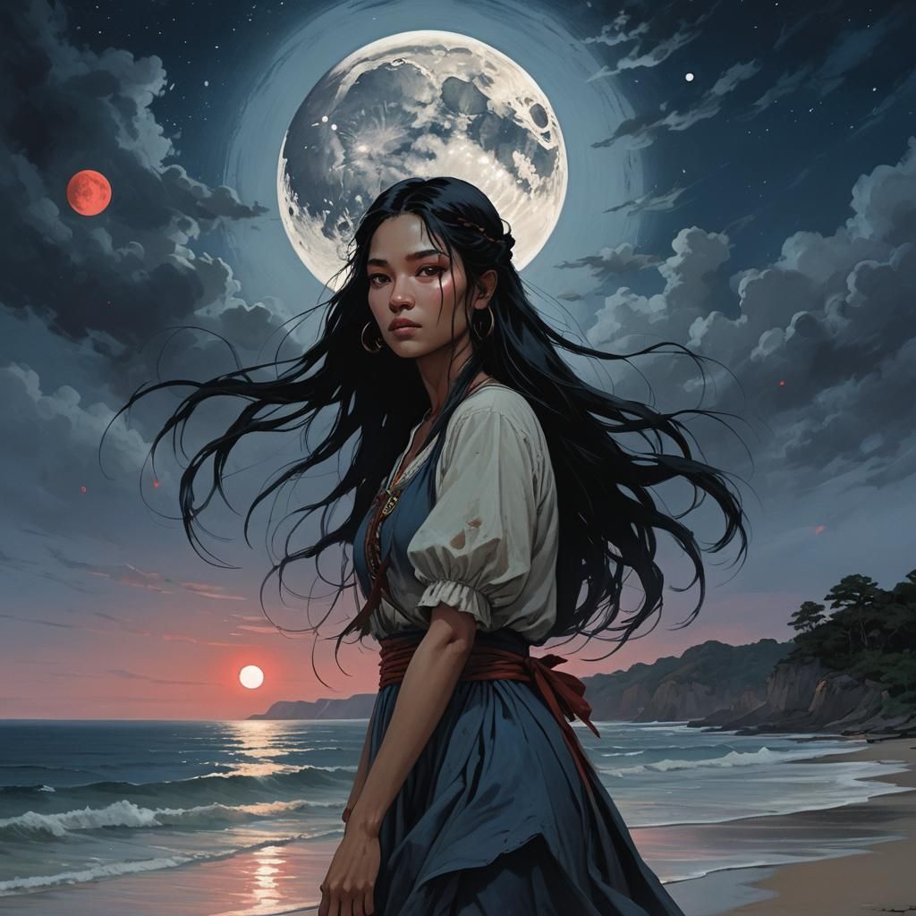 Eerie Shores: Woman Under Two Moons