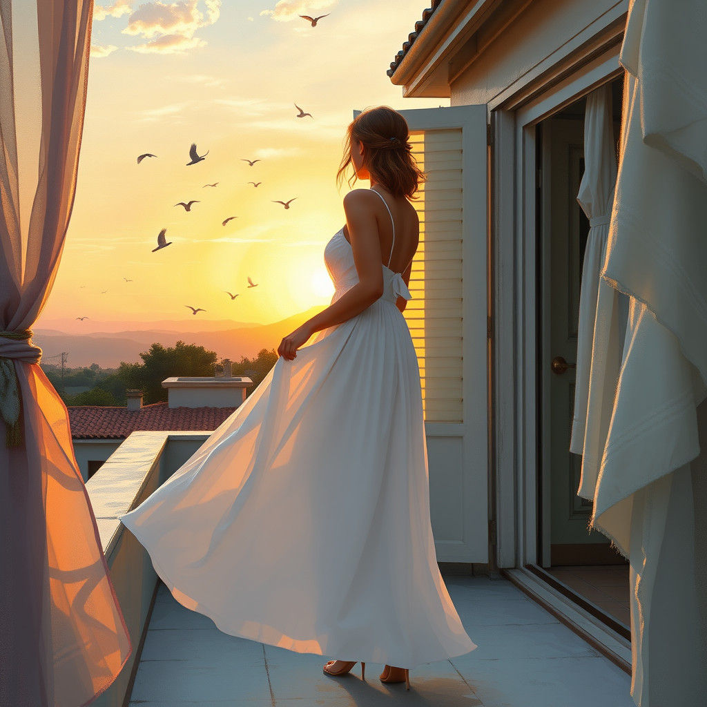 Woman on Rooftop at Sunrise: Impressionistic Digital Art