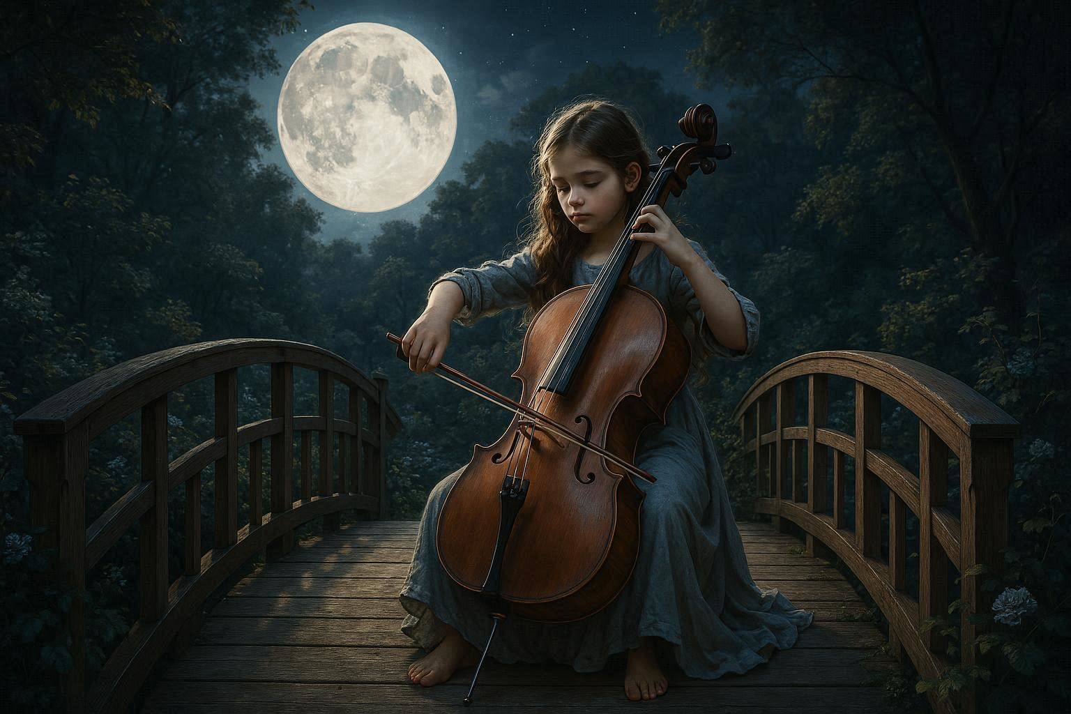 Playing cello in moonlight