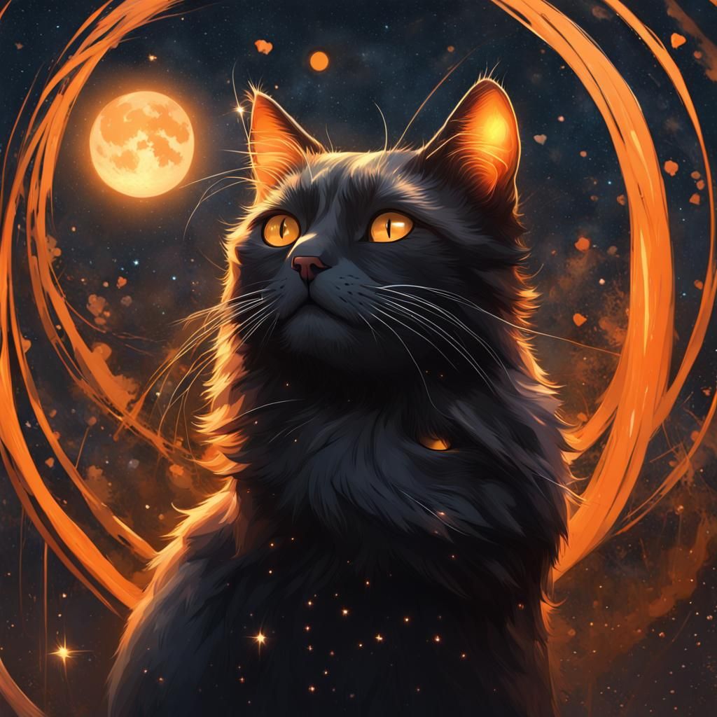 A Black And Orange Cat In Love In A Starry Night - Ai Generated Artwork 