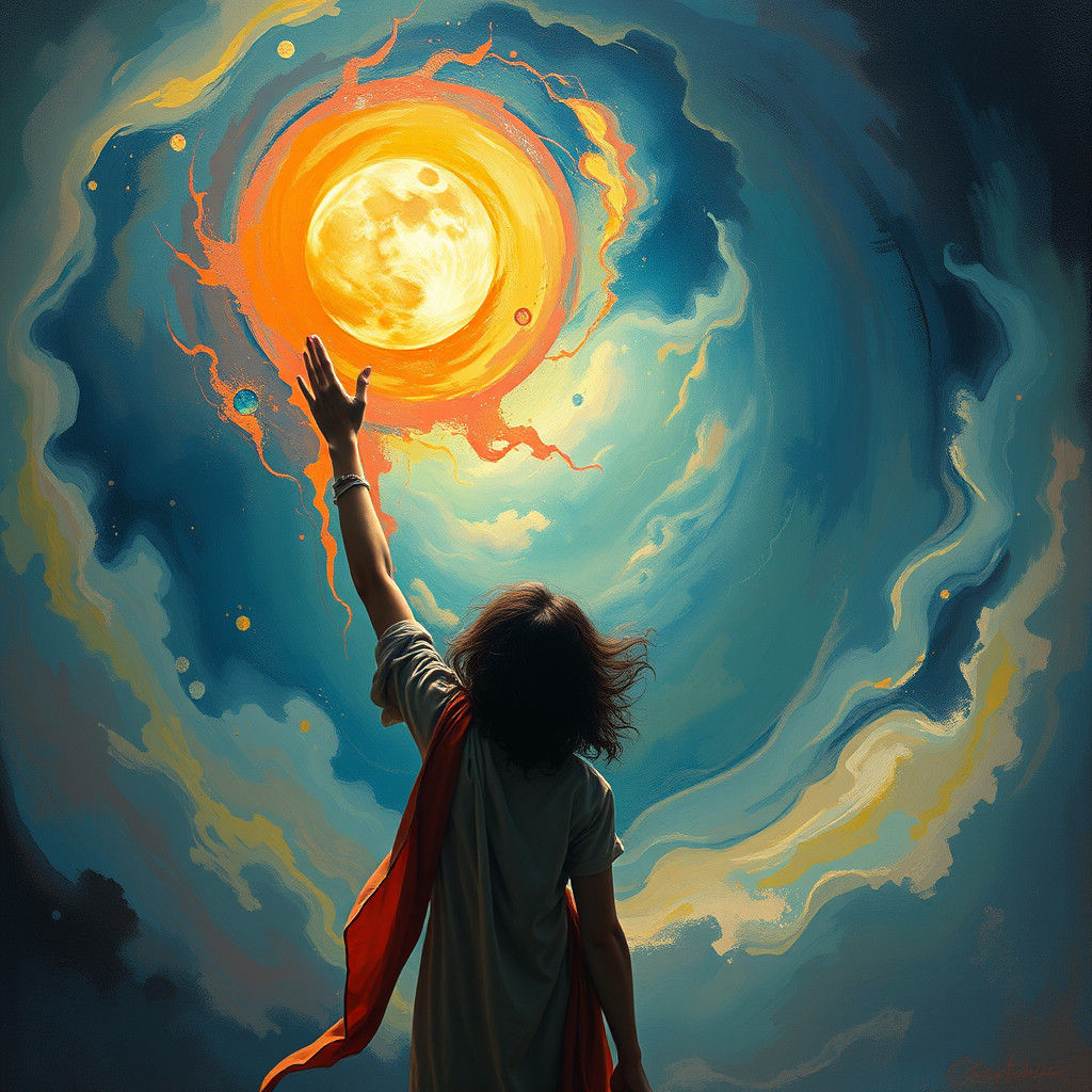 Mystical Figure Reaching for Divine in Abstract Expressionis...