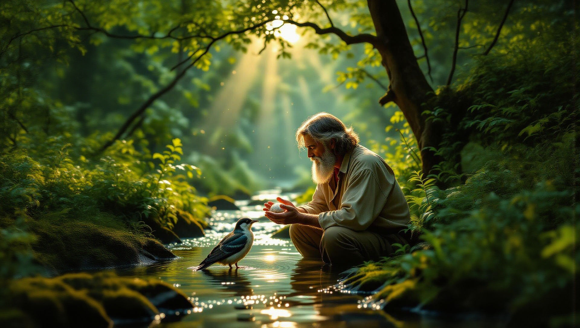 A solitary man, weathered and wise, sits by a crystal-clear forest stream, his hands gently cupping a wounded bird. Sunlight filters through...