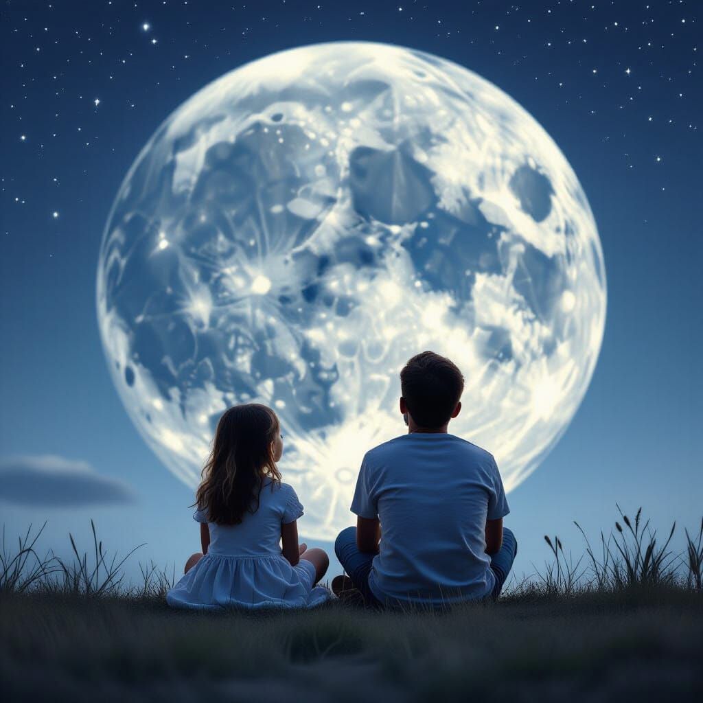 Children Sit on the Moon in a Surreal Cosmic Scene