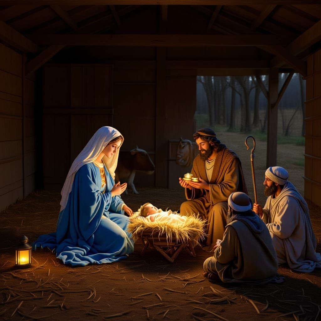   Mother  Mary and St Joseph with baby Jesus, A crib in a shelter in the desert  the three kings and the shepherds visiting them 
