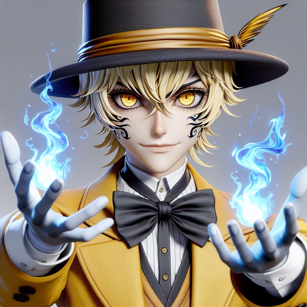 Human Bill cipher short blonde hair goldenel eyes yellow suit long  eyelashes black tophat and bowtie holding blue flames extending both his...  - AI Generated Artwork - NightCafe Creator