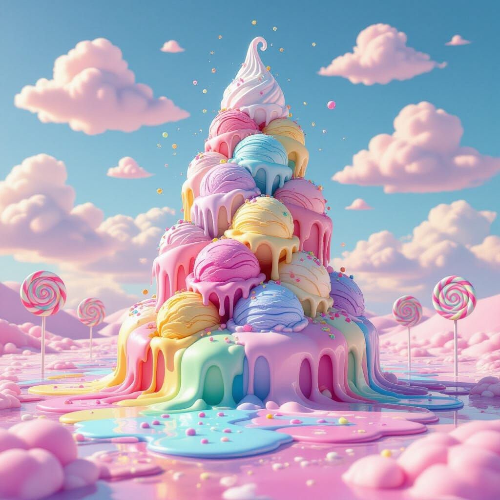 envision a melting tower of colorful ice cream, its sugary peaks cascading down like a delicious avalanche. ...  by @Christopher Allen