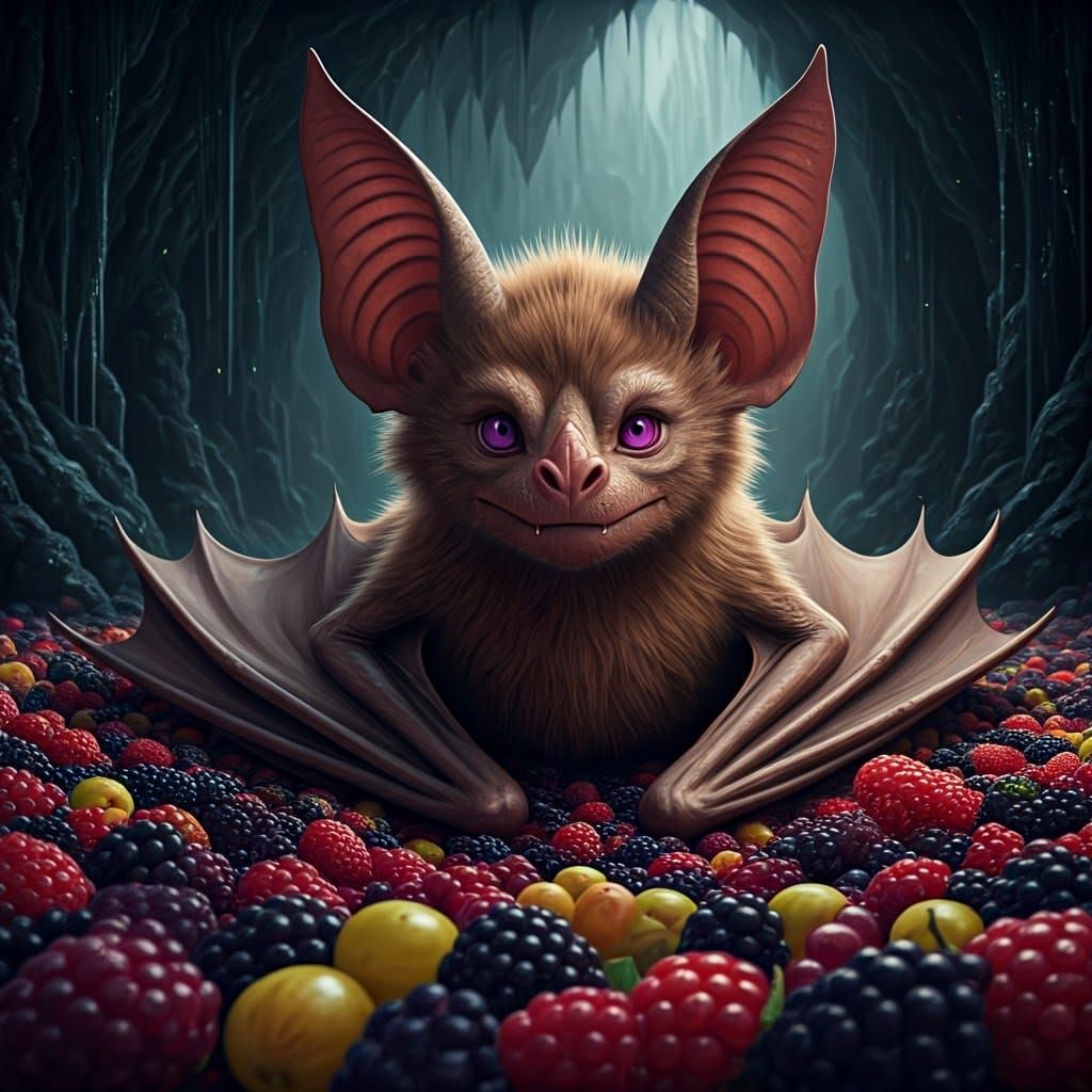 Hyper-Fluffy Brown Fruit Bat Dragon in Vibrant Berry Hoard