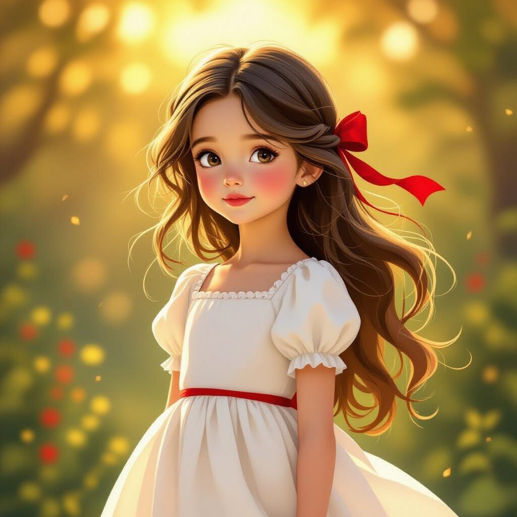 Young Girl in White Dress with Red Ribbon in Golden Light