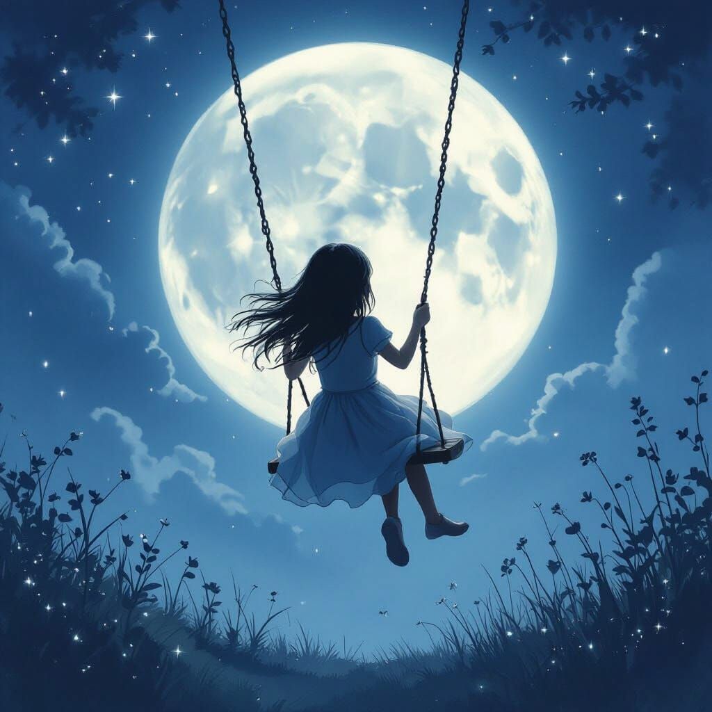Girl Swinging Under Moonlight in Ethereal Style